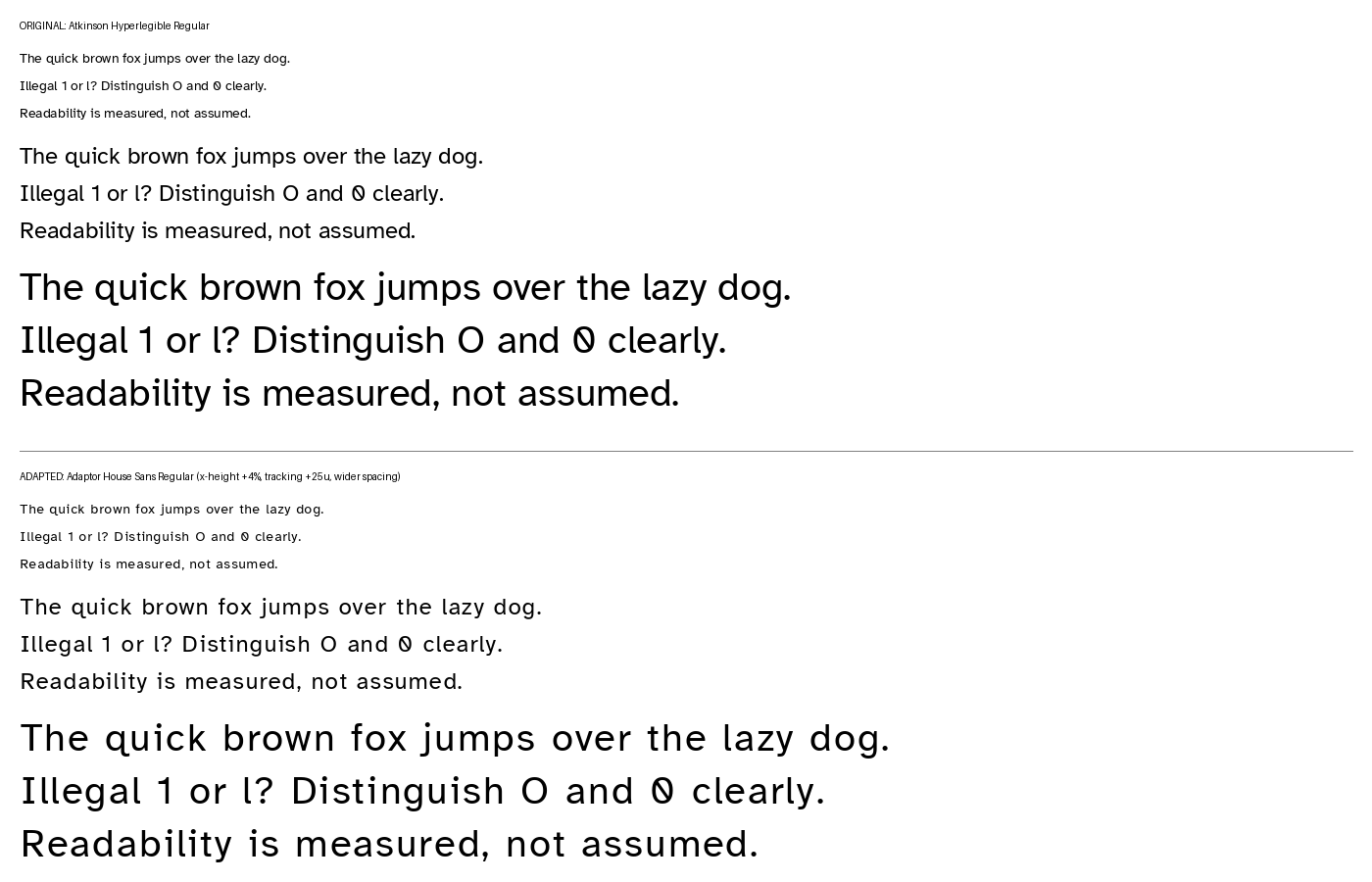 Before and after specimen comparing Atkinson Hyperlegible and Adaptor House Sans at multiple sizes.
